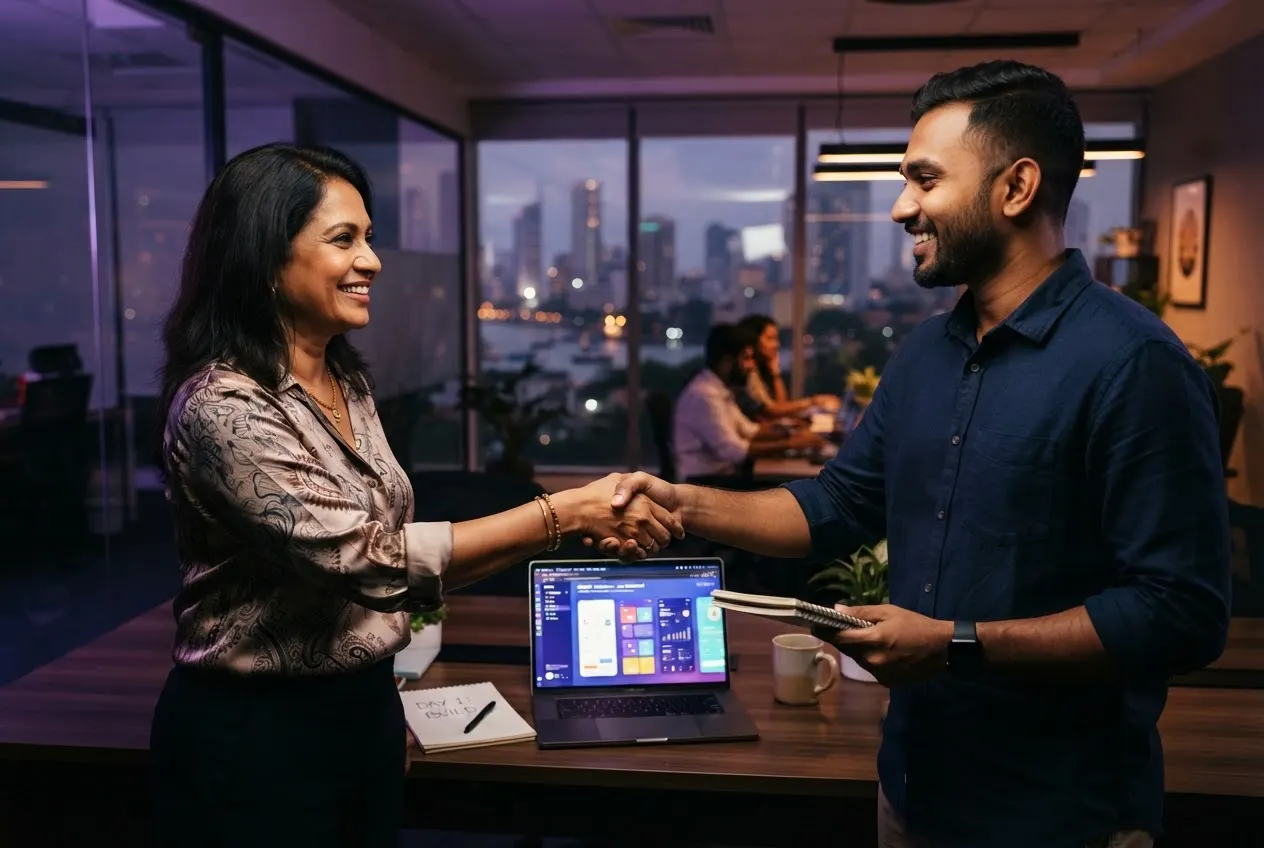 Business owner and developer shaking hands